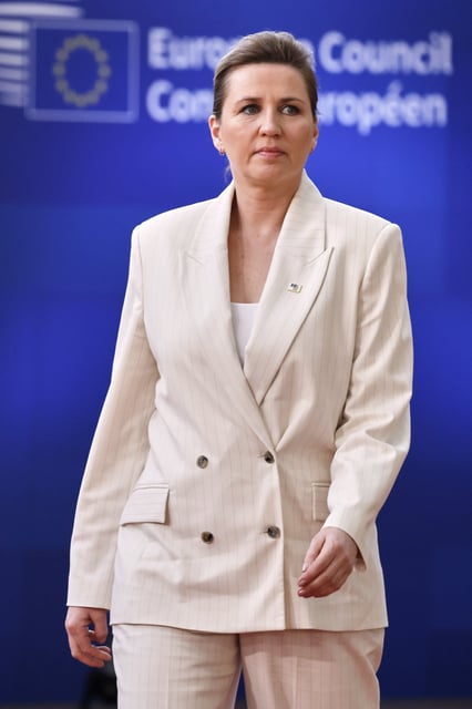 Denmark's Prime Minister Mette Frederiksen arrives for an EU summit at the European Council building in Brussels, Thursday, March 20, 2025. (AP Photo/Geert Vanden Wijngaert)