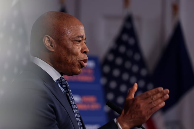 New York City Mayor Eric Adams speaks during a press conference at City Hall in Manhattan in New York City, U.S., March 24, 2025.