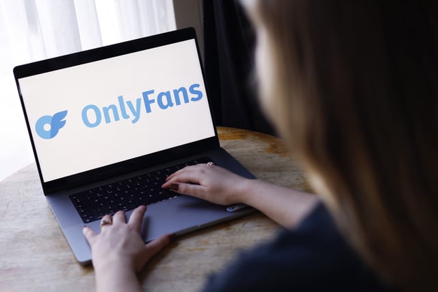 OnlyFans Logo is on a laptop at the OnlyFans creative fund filming event on November 16, 2022 in London, England.