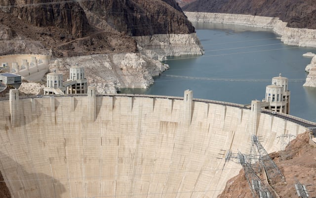 A view shows Lake Mead behind the Hoover Dam from the Arizona side of the Mike O&#39;Callaghan-Pat Tillman Memorial Bridge on June 15, 2021 in the Lake Mead National Recreation Area, Arizona.
