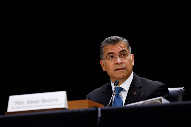 U.S. Secretary of Health and Human Services Xavier Becerra testifies before the Senate Appropriations committee as lawmakers in the U.S. Congress struggle to reach a deal to head off a looming partial government shutdown less than two weeks away on Capitol Hill in Washington, U.S., November 8, 2023.