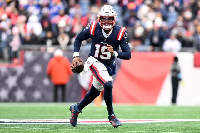 FILE PHOTO :Jan 5, 2025; Foxborough, Massachusetts, USA; New England Patriots quarterback Joe Milton III (19) runs against the Buffalo Bills during the first half at Gillette Stadium. Mandatory Credit: Brian Fluharty-Imagn Images/File Photo