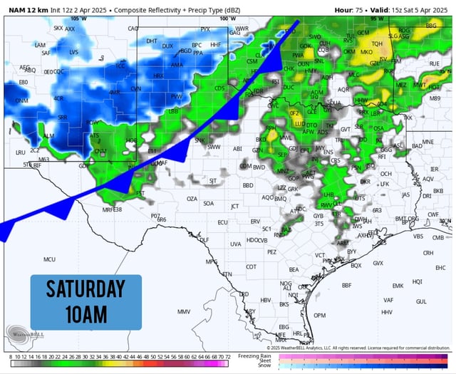 Future weather radar modeling shows rain transitioning to snow across the Texas Panhandle at 10 a.m. Saturday as an arctic cold front stretches across the western half of the state. 