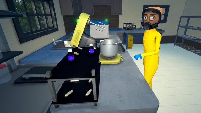 A chemist at a drug-mixing table