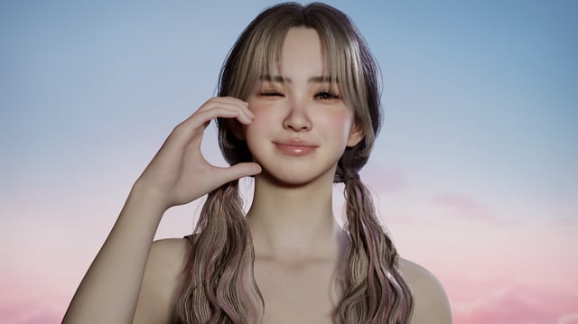 A Zoi doing a half-heart pose against their cheek while winking