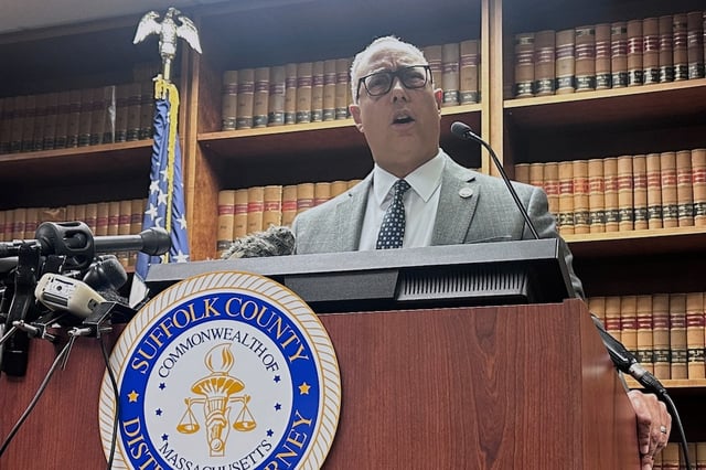 Suffolk County District Attorney Kevin Hayden speaks about the U.S. Immigration and Customs Enforcement detaining a man while he was on trial during a news conference on Wednesday, April 2, 2025 in Boston (AP Photos/Michael Casey)