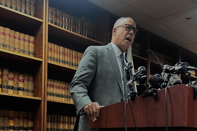 Suffolk County District Attorney Kevin Hayden speaks about the U.S. Immigration and Customs Enforcement detaining a man while he was on trial during a news conference on Wednesday, April 2, 2025 in Boston (AP Photos/Michael Casey)
