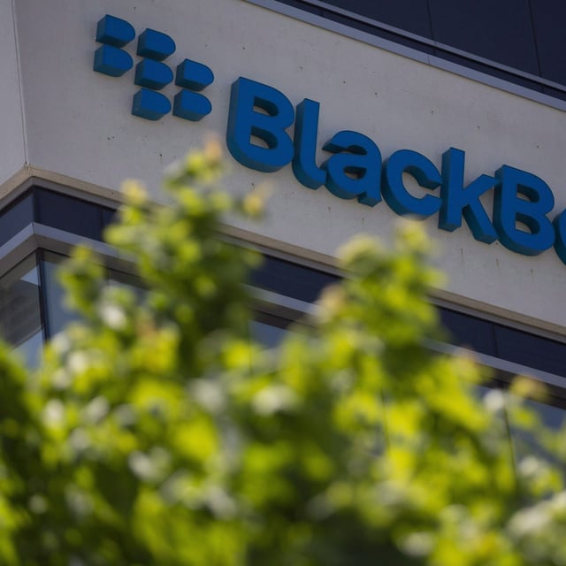 The BlackBerry logo on the company's Waterloo, Ont., building in 2018.