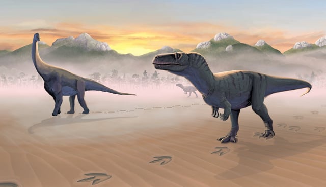 This illustration shows a meat-eating dinosaur (right) from the dinosaur family called megalosaurs and a plant-eating dinosaur (left) from a dinosaur clade called sauropods mingling at a shallow freshwater lagoon environment on Scotland's Isle of Skye about 167 million years ago during the Jurassic Period. Tone Blakesley and Scott Reid/Handout via REUTERS