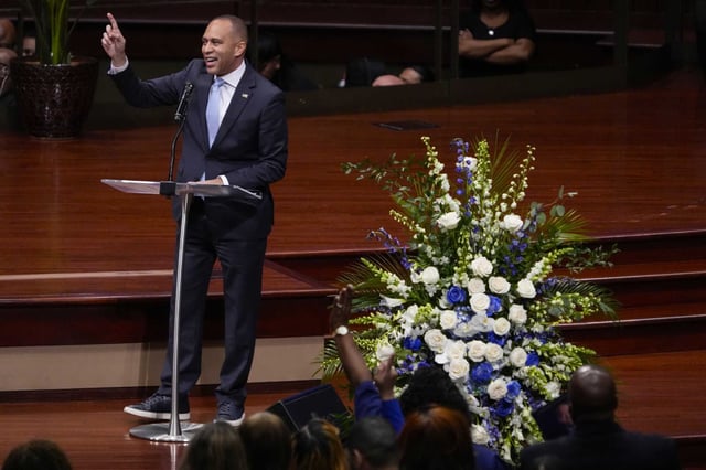 Rep. Hakeem Jeffries, Democratic leader of the U.S. House of Representatives, gives a tribute to U.S. Rep. Sylvester Turner during his funeral at The Church Without Walls in Houston, Saturday, March 15, 2025. Jeffries said this week that House Democrats would sue if Gov. Greg Abbott does not call a special election to fill Turner&#39;s seat.