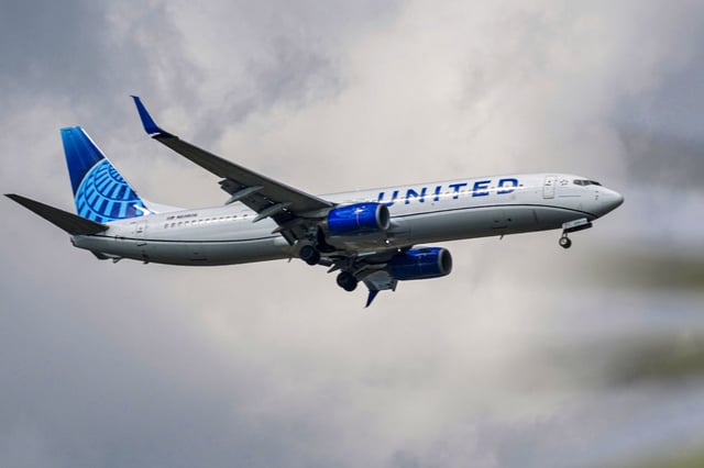 A United Airlines jet lands at Sarasota-Bradenton International Airport on March 29, 2025.