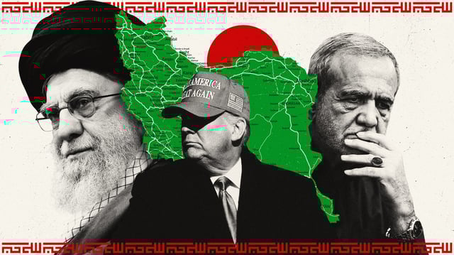 Photo composite illustration of Donald Trump, Ayatollah Khamenei and Masoud Pezeshkian with a map of Iran