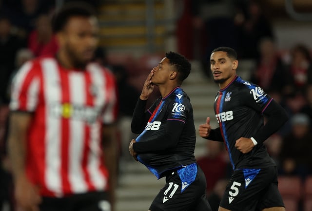 Soccer Football - Premier League - Southampton v Crystal Palace - St Mary's Stadium, Southampton, Britain - April 2, 2025 Crystal Palace's Matheus Franca celebrates with Maxence Lacroix after scoring their first goal Action Images via Reuters/Paul Childs EDITORIAL USE ONLY. NO USE WITH UNAUTHORIZED AUDIO, VIDEO, DATA, FIXTURE LISTS, CLUB/LEAGUE LOGOS OR 'LIVE' SERVICES. ONLINE IN-MATCH USE LIMITED TO 120 IMAGES, NO VIDEO EMULATION. NO USE IN BETTING, GAMES OR SINGLE CLUB/LEAGUE/PLAYER PUBLICATIONS. PLEASE CONTACT YOUR ACCOUNT REPRESENTATIVE FOR FURTHER DETAILS..