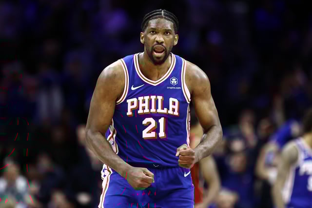 Joel Embiid #21 of the Philadelphia 76ers reacts during the fourth quarter against the Miami Heat during the Eastern Conference Play-In Tournament at the Wells Fargo Center on April 17, 2024 in Philadelphia, Pennsylvania.