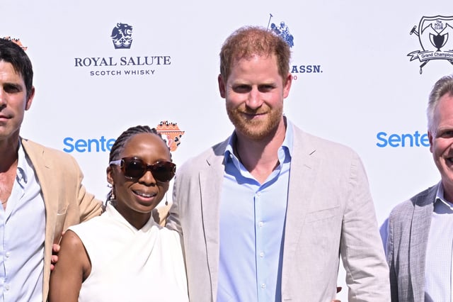 Sophie Chandauka, chair of Sentebale, and Prince Harry pose during a photo call at the Royal Salute Polo Challenge at Grand Champions Polo Club, Wellington, Florida, on April 12, 2024.