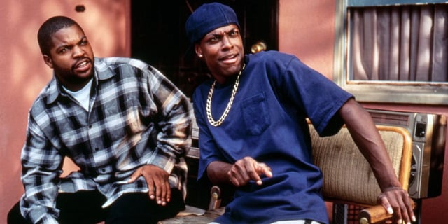 Ice Cube as Craig and Chris Tucker as Smokey looking surprised in Friday