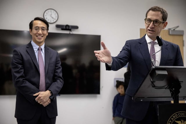 San Francisco Mayor Daniel Lurie and public health director Dan Tsai, pictured here in February, are trying to scale back some of the city’s harm reduction policies.