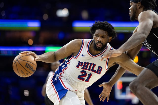 Feb 22, 2025; Philadelphia, Pennsylvania, USA; Philadelphia 76ers center Joel Embiid (21) controls the ball against Brooklyn Nets center Day'Ron Sharpe (20) during the third quarter at Wells Fargo Center. Mandatory Credit: Bill Streicher-Imagn Images/File Photo