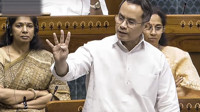 Congress MP Gaurav Gogoi speaks in the Lok Sabha during the Waqf Bill debate in Parliament on Wednesday.