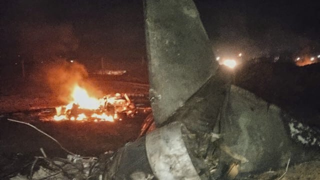 Wreckage at site after an Indian Air Force Jaguar fighter jet crashed while on a training mission.