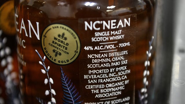 A bottle of Nc'nean Organic Single Malt Whisky, labelled for export to the USA, is pictured at their distillery in Drimnin, in the western highlands of Scotland.