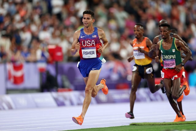 Fisher races in the 10,000 meters at last year's Olympics.