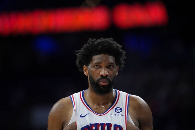 Philadelphia 76ers' Joel Embiid plays during an NBA basketball game in Philadelphia, on February 22, 2025.
