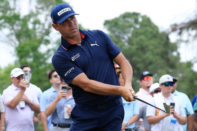 Gary Woodland of the United States hits from the rough on the 13th hole during the final round of the Texas Children&#39;s Houston Open 2025 at Memorial Park Golf Course on March 30, 2025 in Houston, Texas.