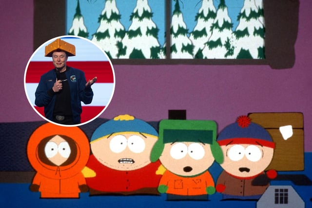 &#34;South Park&#34; still from 1988, Elon Musk wearing a cheesehead hat at the KI Convention Center on March 30, 2025 in Green Bay, Wisconsin.