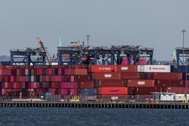 Containers are stacked at Port Liberty New York in Staten Island, New York, U.S., April 2, 2025. REUTERS/Jeenah Moon