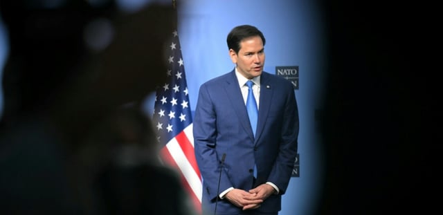 Le secrétaire d'Etat américain Marco Rubio s'exprime depuis le siège de l'Otan à Bruxelles le 3 avril 2025