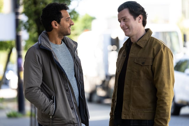 Karan Soni as Naveen Gavaskar, Jonathan Groff as Jay Kurundkar in A Nice Indian Boy.