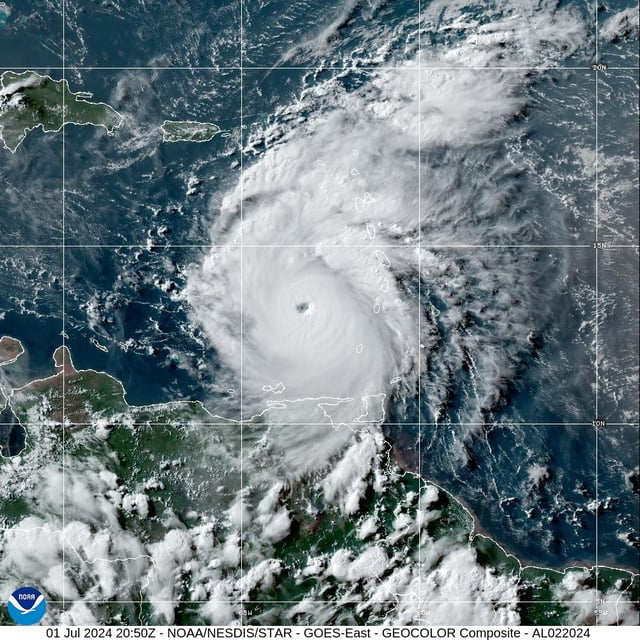 This NOAA weather satellite image of the Caribbean Sea taken last July shows Hurricane Beryl crossing into the eastern Caribbean. At the time, Hurricane Beryl packed maximum sustained winds of 150 mph as a high-end Category 4 storm.