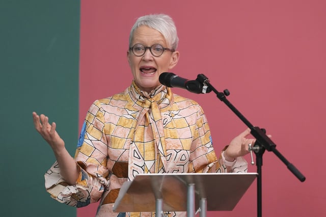 Tate director Maria Balshaw gives a speach about the painting by artist Joan Mitchell called Iva 1973, donated by Jorge M. and Darlene Perez, at the Tate Modern in London, Thursday, April 3, 2025. (AP Photo/Kirsty Wigglesworth)