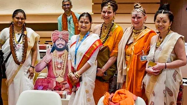 Representatives of the so-called United States of Kailasa, founded by fugitive godman Nithyananda at the UN Human Rights office in Geneva. (File)