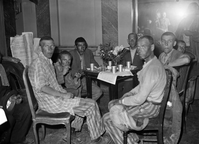 French deportees repatriated from Germany have a meal at the Lutetia Hotel in Paris in May, 1945