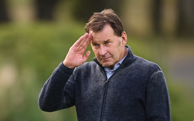 Sir Nick Faldo gestures during the trophy presentation ceremony during Day Four of the Betfred British Masters hosted by Sir Nick Faldo at The Belfry on September 01, 2024 in Sutton Coldfield, England.