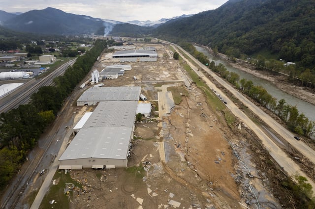 FILE - Damage caused by flooding from Hurricane Helene is seen around Impact Plastics in Erwin, Tenn., on Oct. 4, 2024. (AP Photo/Jeff Roberson, File)