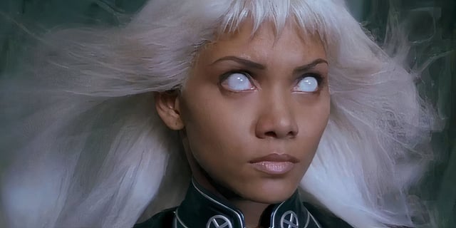 Halle Berry with glowing white eyes as Storm in X-Men.
