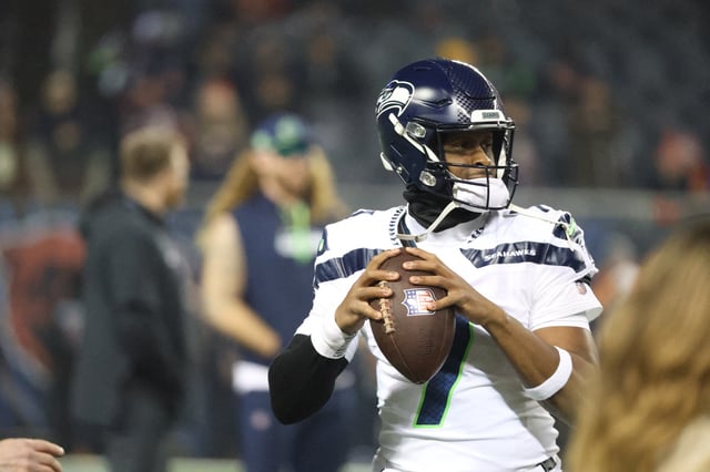 Dec 26, 2024; Chicago, Illinois, USA; Seattle Seahawks quarterback Geno Smith (7) warms up before a game against the Chicago Bears at Soldier Field. Mandatory Credit: Talia Sprague-Imagn Images/File Photo