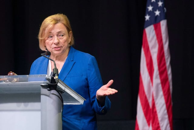 Maine Gov. Janet Mills speaks during the Maine Democratic convention at the Cross Insurance Center in Bangor on June 1, 2024.