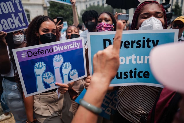 Protesters in support of affirmative action face counter-protesters in front of the Supreme Court on June 29, 2023, in Washington, D.C.