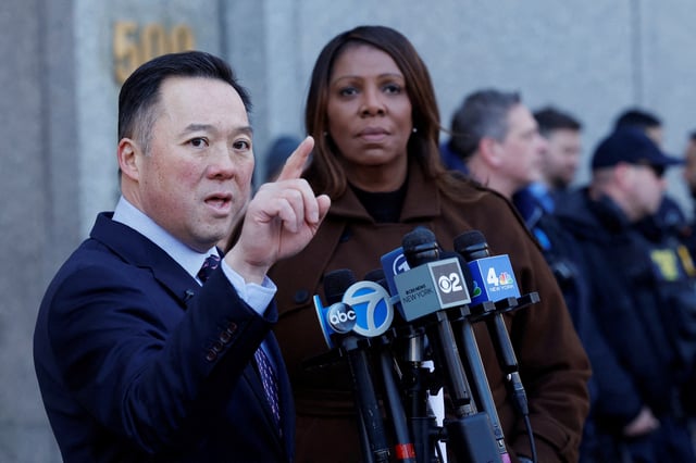 New York Attorney General Letitia James stands while Connecticut Attorney General William Tong speaks during a press conference about their ongoing lawsuit against DOGE (Department of Government Efficiency) accessing U.S. citizens private and sensitive data in New York City, U.S., February 14, 2025.
