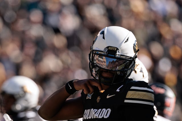 Shedeur Sanders #2 of the Colorado Buffaloes reacts to a play during the third quarter against the Oklahoma State Cowboys at Folsom Field.