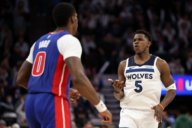 Mar 30, 2025; Minneapolis, Minnesota, USA; Minnesota Timberwolves guard Anthony Edwards (5) celebrates his 3-point basket against the Detroit Pistons during the third quarter at Target Center. Mandatory Credit: Matt Krohn-Imagn Images/File Photo
