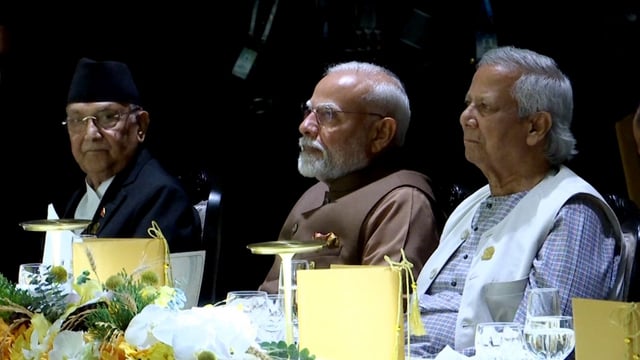 Prime Minister Narendra Modi, Nepal Prime Minister K P Sharma Oli and Bangladesh Chief Adviser Muhammad Yunus at the dinner hosted by Thailand Prime Minister Paetongtarn Shinawatra for leaders of the BIMSTEC grouping, in Bangkok on Thursday.