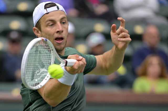 Mar 13, 2025; Indian Wells, CA, USA; Tallon Griekspoor hits a shot against Holger Rune (not pictured) during his quarterfinal match at the BNP Paribas Open at the Indian Well Tennis Garden. Mandatory Credit: Jayne Kamin-Oncea-Imagn Images/File Photo