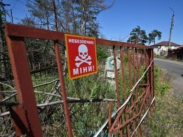 A landmine warning sign in Donetsk, east Ukraine, in 2023.