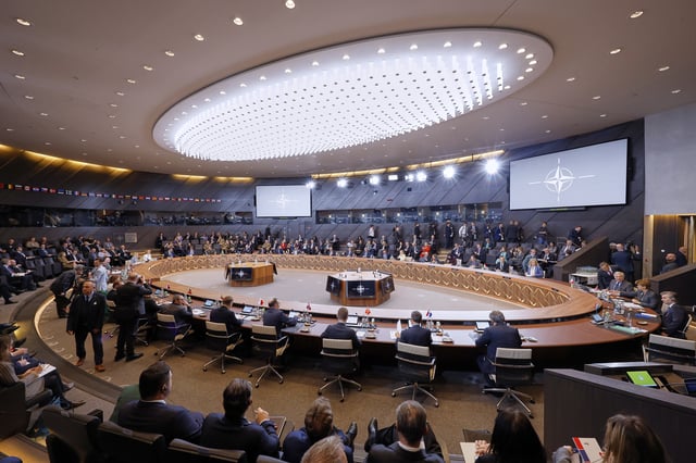NATO foreign ministers attend a meeting of the North Atlantic Council in foreign ministers format at NATO headquarters in Brussels, Friday, April 4, 2025. (AP Photo/Geert Vanden Wijngaert)