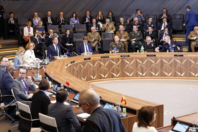 European Union foreign policy chief Kaja Kallas, third left, attends a meeting of the North Atlantic Council in foreign ministers format at NATO headquarters in Brussels, Friday, April 4, 2025. (AP Photo/Geert Vanden Wijngaert)